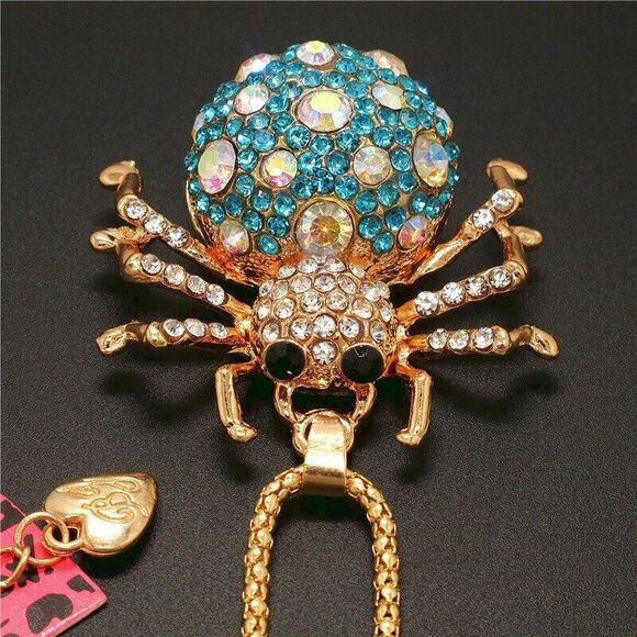 NEW Betsey Johnson Necklace Blue Rhinestone Spider Gold Chain NWT - Picture 3 of 10